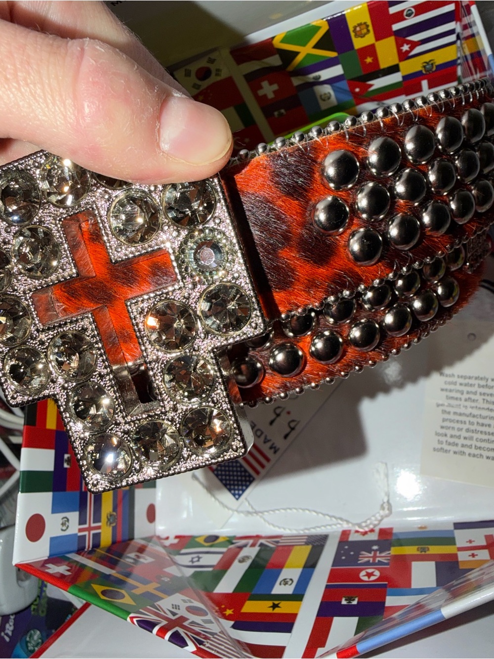B.B. Simon Orange Leopard-Print Studded Belt with Crystal Cross Buckle